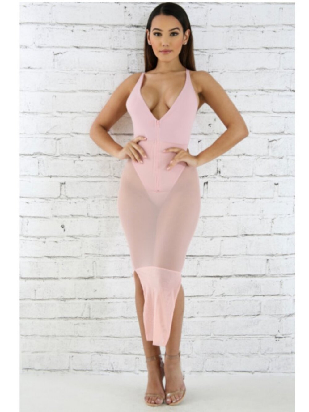 Nude Pink Mesh Bodysuit Midi Dress Size S M or L